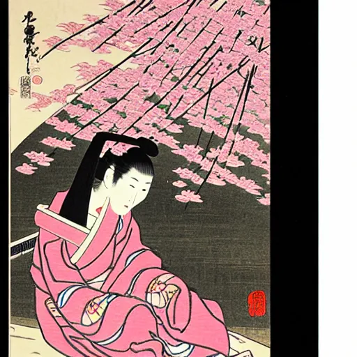 Image similar to japanese edo period woodblock print of a girl laying underneath pink blossoming cherry trees in the background