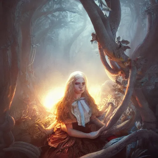 Image similar to alice in wonderland, high detail, dramatic light, digital art, chiaroscuro, painted by seb mckinnon and greg rutkowski, trending on artstation