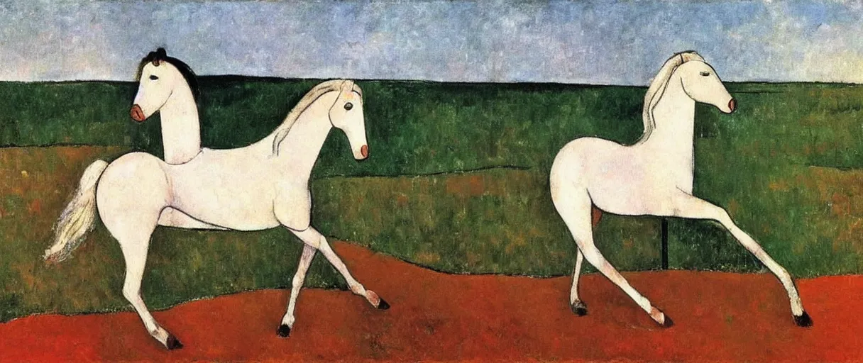 Prompt: a white horse galloping across the prairie, by amedeo modigliani