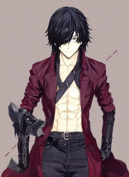 Image similar to half - body character portrait by shigenori soejima, handsome male vampire, focus on face, sword holster, long black hair, dark blue shirt, light brown coat, red eyes,