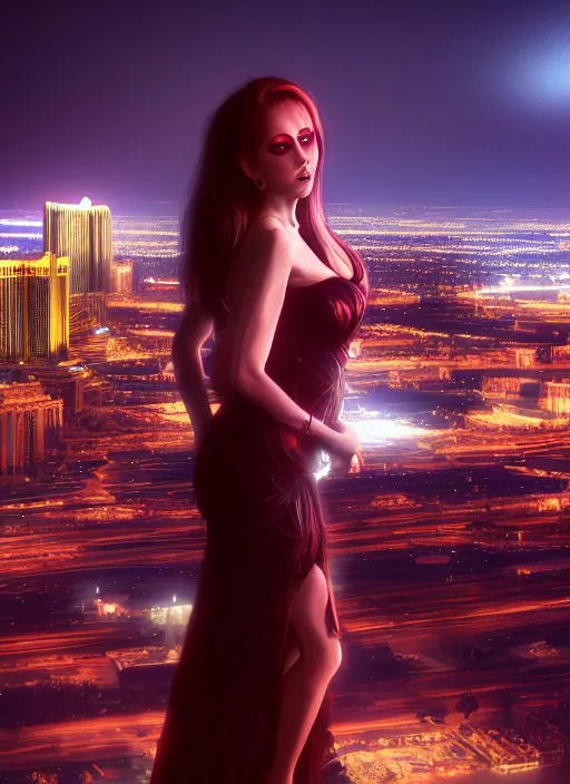 Image similar to full length portrait, duchess of blood, night shot of las vegas in background, highly detailed, CGsociety, subtle, concept art, HDR, hyper realistic, volumetric lighting, subsurface scattering, unreal