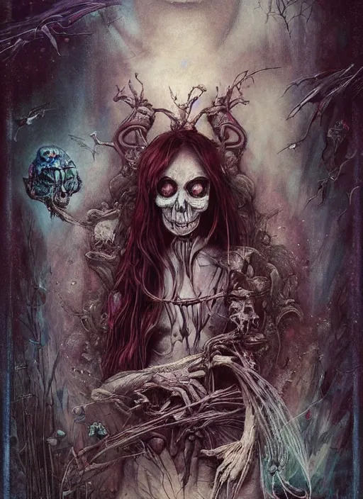 Image similar to alice's sister, death tarot card, highly detailed, half skull face, cinematic, 8 k, by megan duncanson, benjamin lacombe, adrian borda, stanley artgermm, tom bagshaw, craig mullins, carne griffiths, ayami kojima, beksinski, giger, trending on deviantart, hyper detailed, horror, full of colour