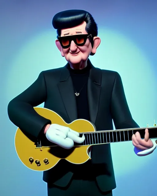 Image similar to disney pixar portrait 8 k photo of roy orbison on a smoky stage : : by weta, greg rutkowski, wlop, ilya kuvshinov, rossdraws, artgerm, annie leibovitz, rave, unreal engine, alphonse mucha : :