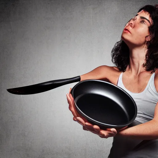 Image similar to a woman warrior holding a frying pan. high definition. hyper realistic. digital art