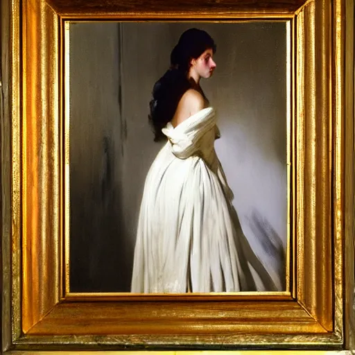 Prompt: a portrait headshot matte painting of beautiful woman in dress walking on street by John Singer Sargent, fine details