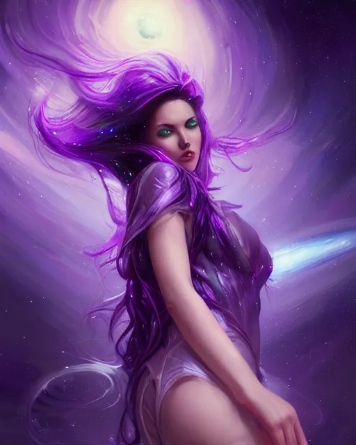 Image similar to epic portrait cinematic shot the galaxy goddess, flowing purple glittery hair, glowing purple eyes, an space robes, space backround, fine details. night setting. realistic shaded lighting poster by craig mullism, artgerm, jeremy lipkin and michael garmash, unreal engine, radiant light, detailed and intricate environment, digital art, trending on art station,