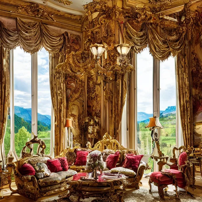 Image similar to photo of a fantastical baroque living room with switzerland landscape in the window in the style of maximalism