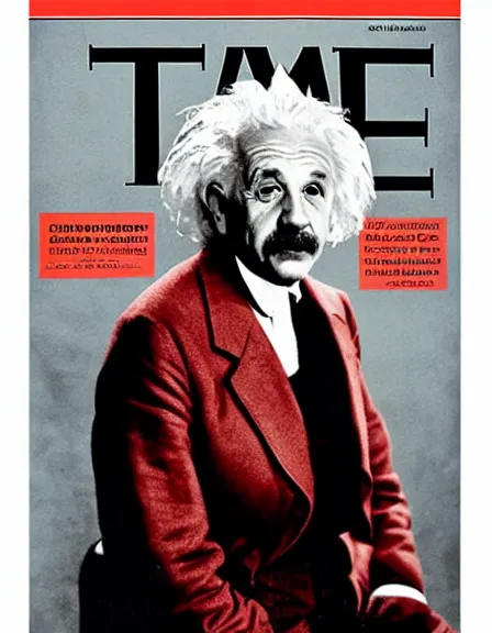 Image similar to cover of TIME magazine with the portrait of Albert Einstein and the mushroom cloud of an atom bomb explosion