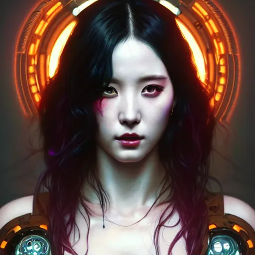Image similar to portrait painting of sunmi as a cyberpunk technician with horns and tattoos, ultra realistic, concept art, intricate details, eerie, highly detailed, photorealistic, octane render, 8 k, unreal engine. art by artgerm and greg rutkowski and magali villeneuve and alphonse mucha