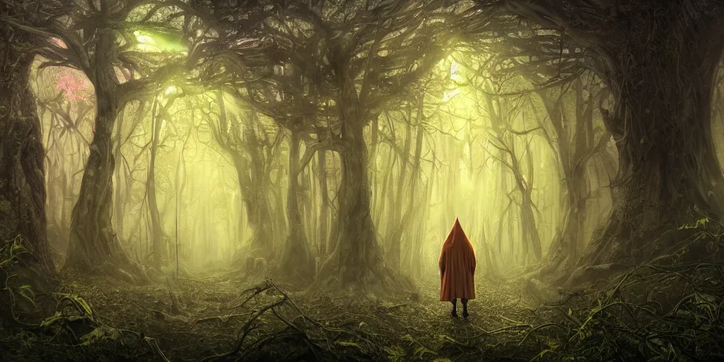 Prompt: a hooded ancient wizard walking through a beautiful forest of ancient neurons with yellow and pink glowing synapses running through the forest, light creeps through the dense jungle, huge incredibly immense trees, highly detailed, hyperrealism, trending on art station, ancient forest like fanal forest or fangorn forest, misty forest, realistic painting, sharp image, hyper realistic art, highly detailed leaves, cinematic, art by konstantin razumov, chiaroscuro