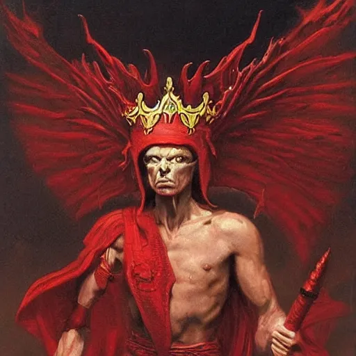 Image similar to A red demon mage. He is wearing mage armor and a crown. He is frowning seriously. Award winning oil painting by Thomas Cole and Wayne Barlowe