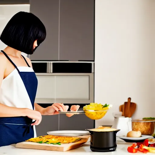 Image similar to image of a beautiful woman with dark hair and bob haircut cooking omelette in the modern kitchen. dynamic lighting.