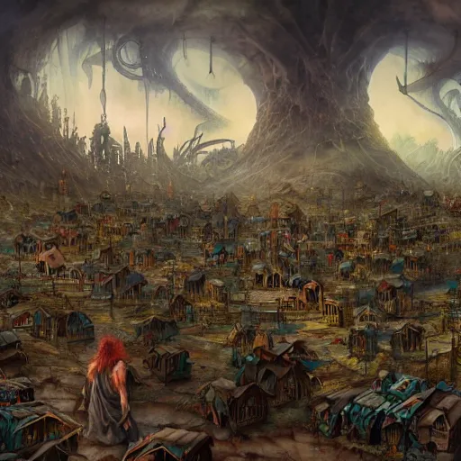 Image similar to an epic hyperdetailed 3 d matte painting of a wiccan shantytown in the victorian village surrounded by colossal biomorphic hallucinogenic demonic eldritch beings by peter mohrbacher by gerald brom by yoji shinkawa by richard michael gorman powers