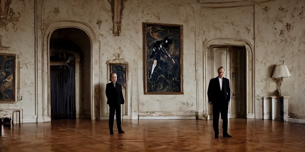 Image similar to Batman standing in giant Italian modern castle living room, clean minimalist design, that is 1300 feet tall, with very tall giant walls filled with modern art paintings, doors that are cosmic portals, photo by Annie Leibovitz