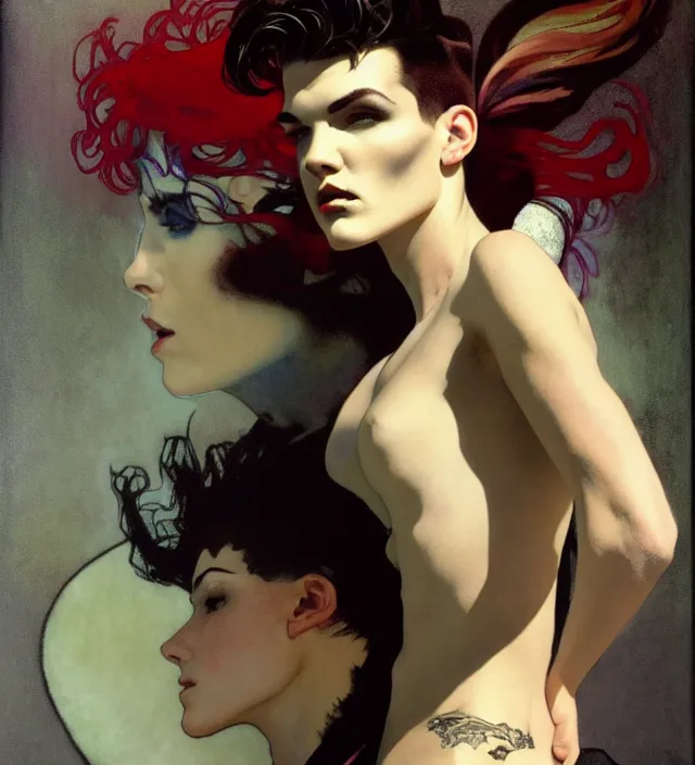 Image similar to stunning portrait of highly details androgynous ruby rose as desire from sandman, rockabilly style, by ego shield, by alphonse mucha, by jeremy mann, by peter lindbergh, dave mckean, by maurice sapiro, by frank moth, white suit and black tie, soft lightning, high detailed, 8 k