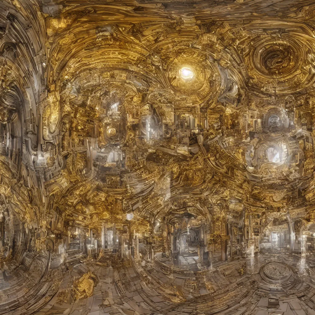 Image similar to “ a panoramic depth map of a digital neo baroque building that serves a temple for artificial intelligence gods in a sphere in the center that is glowing with gold, a human reaches out to touch it, detailed in 4 k ”