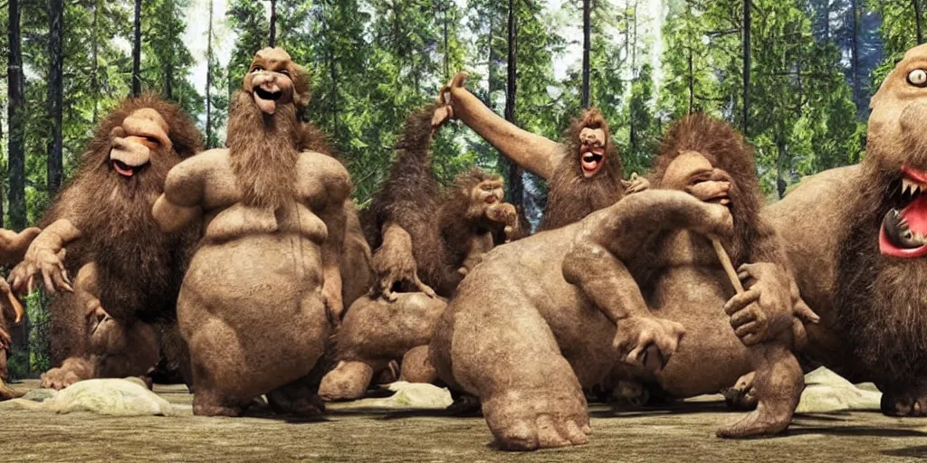 Image similar to photo, three hairy neanderthal people, sumo japanese, eating inside mcdonalds, surrounded by dinosaurs!, gigantic forest trees, sitting on rocks, bright moon, birthday cake on the ground, front view