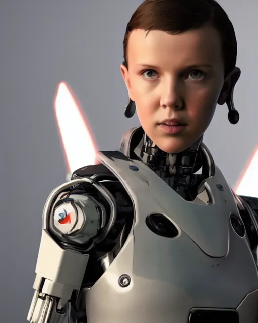 Image similar to millie bobby brown as a robot, octane render, by yoji shinkawa