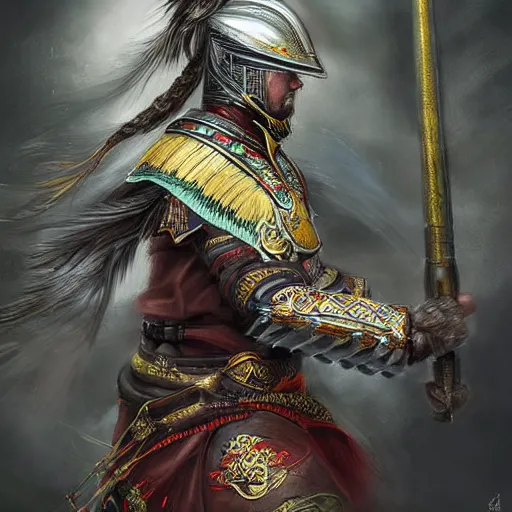 Image similar to portrait of a wuxia warrior in detailed ceremonial armour. digital art. high detail. sharp focus. high resolution. by a. j. manzanedo