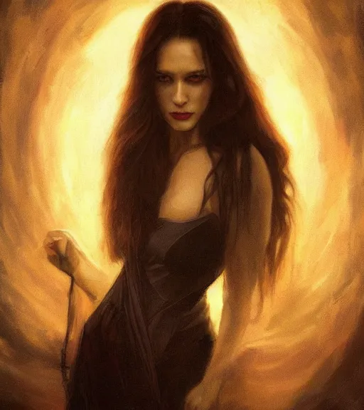 Image similar to majestic gracious!! regal aristocratic!! brunette female vampire portrait, atmospheric lighting, painted, menacing, intricate, volumetric lighting, beautiful, rich deep colours masterpiece, golden hour, sharp focus, ultra detailed, by leesha hannigan, ross tran, thierry doizon, kai carpenter, ignacio fernandez rios