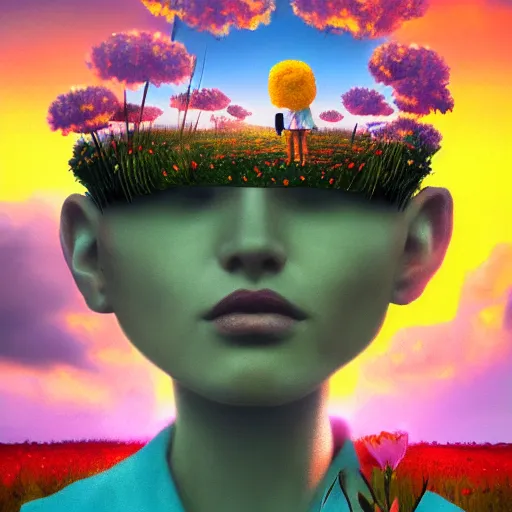 Image similar to daisy flower as a face, girl walking in flower field, holding daisy, surreal photography, sunrise, impressionist painting, colorful clouds, digital painting, artstation, simon stalenhag, flower face