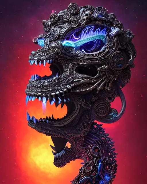 Prompt: 3 d ornate carved dark cosmic spirit with profile portrait, sigma 5 0 0 mm f / 5. beautiful intricate highly detailed quetzalcoatl skull. bioluminescent, plasma, lava, ice, water, wind, creature, thunderstorm! artwork by tooth wu and wlop and beeple and greg rutkowski, 8 k trending on artstation