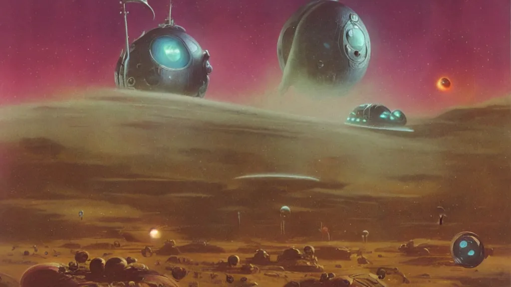 Image similar to eerie atmospheric alien planet with a small dropship pod landing by paul lehr and jack gaughan and john schoenherr, epic cinematic matte painting