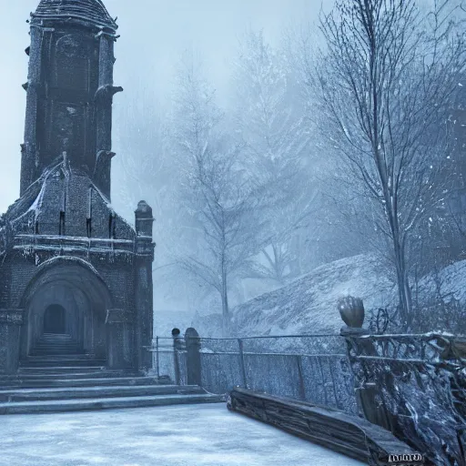 Image similar to Giant gothic underground bell tower covered in frost, frostpunk, anor londo