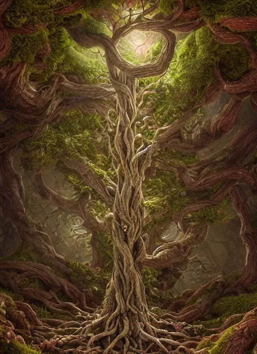 Image similar to highly detailed closeup portrait of a yggdrasil tree, unreal engine, nicoletta ceccoli, mark ryden, lostfish, earl norem, global illumination, god rays, detailed and intricate environment