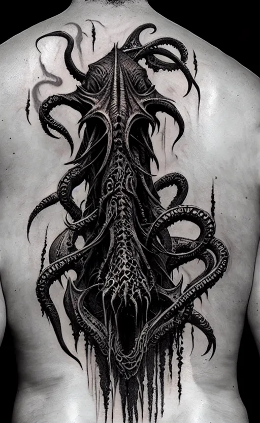 Image similar to photo of a back tattoo, cthulhu by greg rutkowski, by giger, by maxim verehin