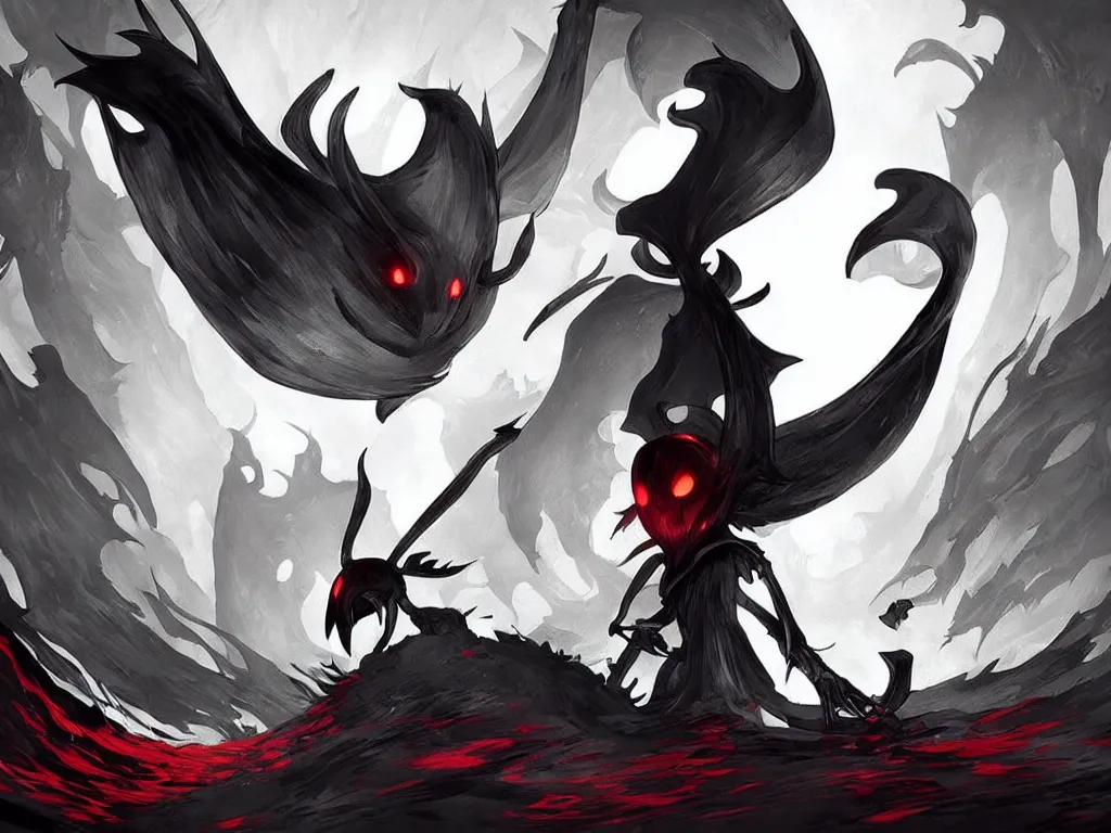 Prompt: cover art for hollow knight. Ominous. High detail. No text. Red. Colors. nightmare king grimm. Sharp. 4K 8K. Detailed shapes.