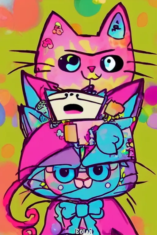 Image similar to i really love cat with paper bag on head + cute + adorable animation + lisa frank + kawaii