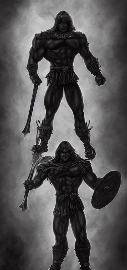 Prompt: He-Man with a dark manner, centered fullest body character pose, uncut, atmospheric, dark and mysterious, shadowy and eerie character, ominous, cinematic, photorealistic, colored, rendered by Marcus Whinney