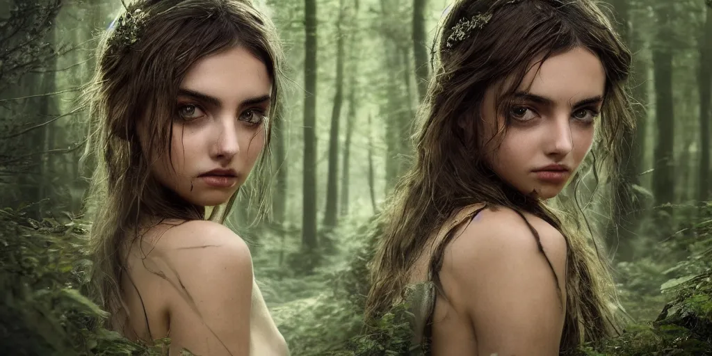 Image similar to a forest nymph in an ancient forest, ana de armas, flawless symmetrical pretty cute face, greg rutkowski, 8 k, shallow depth of field, intricate detail, concept art,