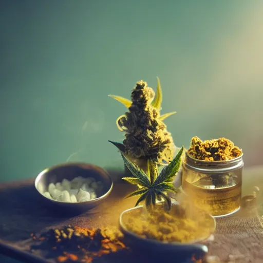 Image similar to kitchen witches brewing cannabis candy high detail realistic cinestill cinematic golden hour volumetric