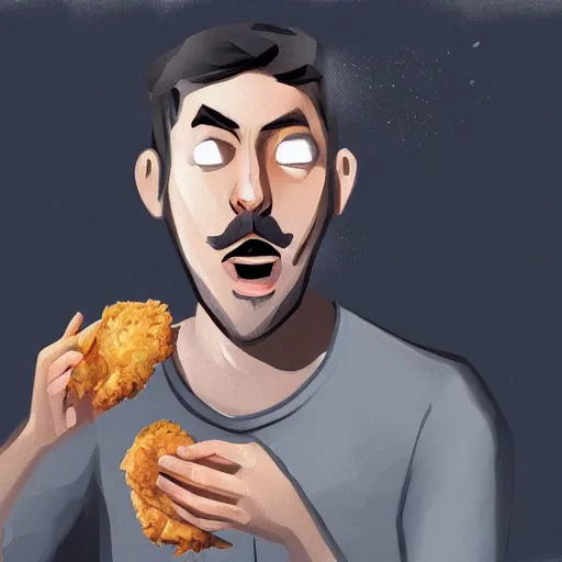 Image similar to sad man with crying eyes eating fried chicken, digital painting, artstation, rule of thirds