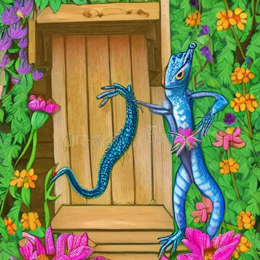 Prompt: a beautiful little lizard stands on a porch dotted with many flowers, fairytale illustration