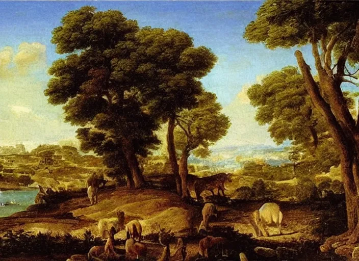 Image similar to highly detailed landscape of the african velt, animals, beautiful, bright atmosphere : claude lorrain