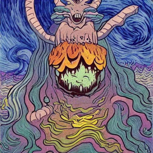 Image similar to whimsical silly detailed painting of a terrifying demon, in the style of studio ghibli and moebius and claude monet and vincent van gogh