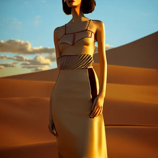 Image similar to innovative avant-garde art, deco fashion, asian women, highly detailed, photorealistic portrait, serene desert setting, golden hour, crisp quality and light reflections, unreal engine 5 quality render