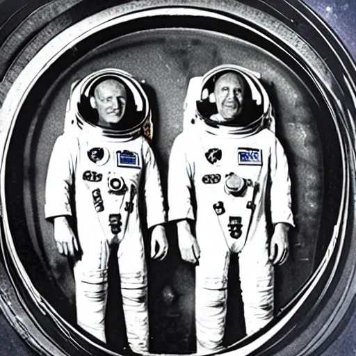 Prompt: astronauts in space posing at the camera in the style of grant wood.