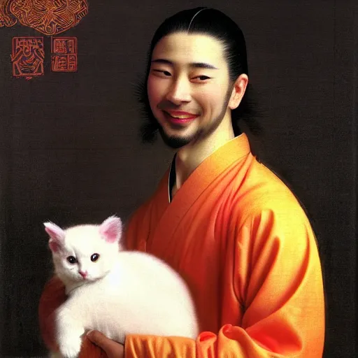 Prompt: A beautiful young Asian man with long shiny hair, light skin color and big green eyes in a beautiful traditional Chinese robe, holding a white fluffy kitten and watching dolphins playing in the pool, he is a prince and a serious person but is smiling, by Johannes Vermeer, Frank Frazetta and William Adolphe Bouguereau, fantasy, trending on artstation, amazing details, mtg, digital painting, concept art