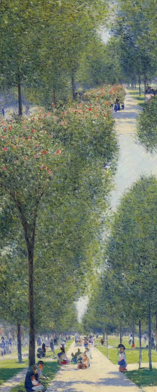 Prompt: a beautiful boulevard in full bloom, people on a picnic, noon, Gustave Caillebotte, artstation, 8k