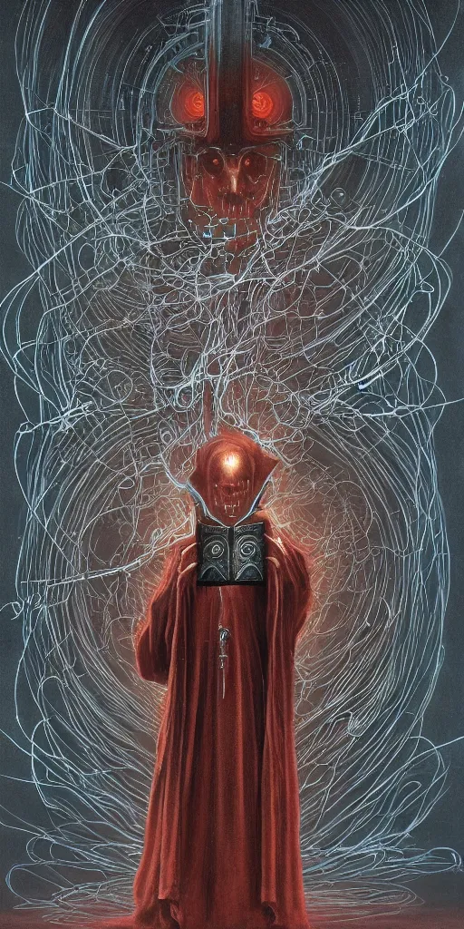 Prompt: painting of a cloaked tech priest holding a book, cybernetic enhancements attached to his body, covered in wiring, praise the omnissaiah, Zdzislaw Beksinski, Lewis Jones, mattias adolfsson, Warhammer 40K!!, cold hue's, cold tone gradient background, concept art, digital painting