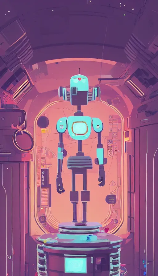 Image similar to a lonely robot in a space station, sharp focus, james gilleard, moebius, print, risograph, cinematic, game art