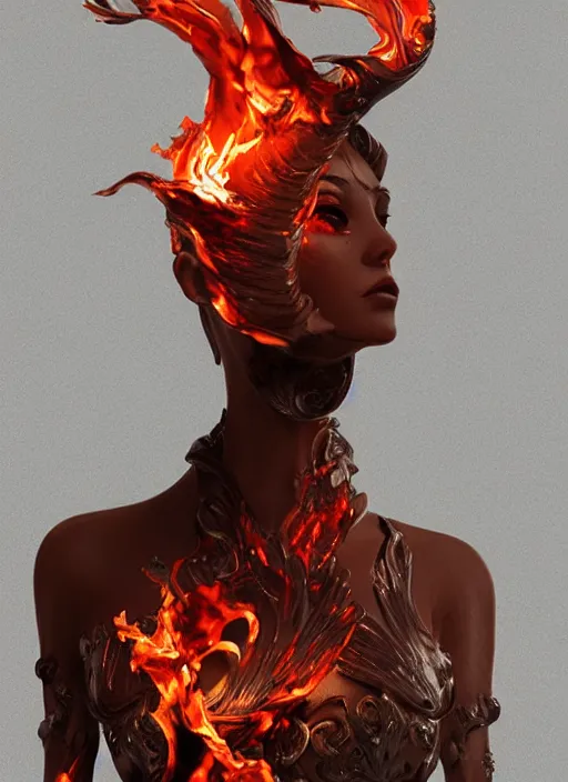 Image similar to sculpture made of flame, portrait, female, future, torch, fire, harper's bazaar, vogue, fashion magazine, intricate, concept art, close up, ornate, luxury, elite, elegant, trending on artstation, by ruan jia, by Kenneth Willardt, by ross tran, by WLOP, by Andrei Riabovitchev,