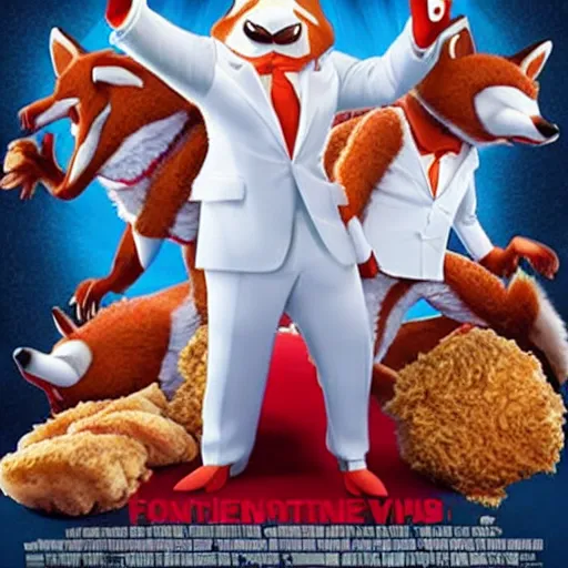 Image similar to comedy movie poster featuring an anthropomorphic fox wearing a white suit, fried chicken in the background, promotional media