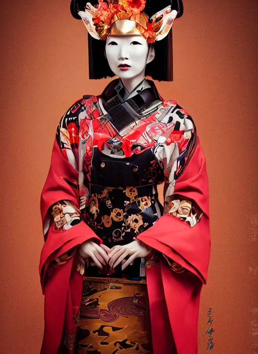 Image similar to portrait of a stylish futuristic geisha cyborg, with a red kimono with japanese golden signs written on it, kintsugi, modern fine art, fractal, intricate, elegant, highly detailed, digital photography, subsurface scattering, in the style of ghost, by jheronimus bosch and yue minjun and greg rutkowski,