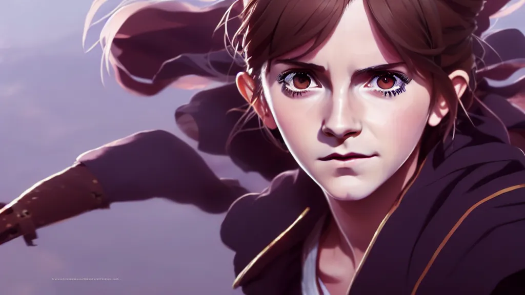 Image similar to a very detailed key visual of emma watson, demon slayer, ufotable, high quality, artgerm, greg rutkowski, high resolution, dynamic pose, landscape, medium portrait, samurai outfit, action, hyper realistic, anime, koyoharu gotouge, sakuga