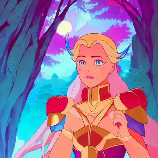 Image similar to portrait of adora from she-ra and the princesses of power, colorful fantasy forest background, rich vivid colors, ambient lighting, dynamic lighting, 4k, HQ, official media, anime key visual, makoto shinkai, ilya kuvshinov, lois van baarle, rossdraws, detailed, trending on artstation